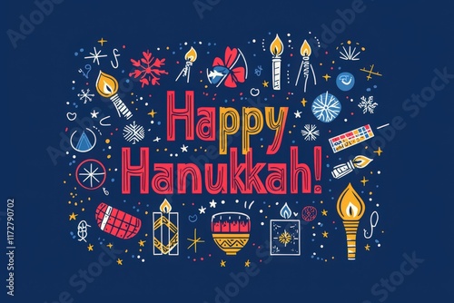 A vibrant display of artistic decorations that celebrates Hanukkah. The design features candles, dreidels, and stars, capturing the festive spirit of the holiday in rich colors. photo