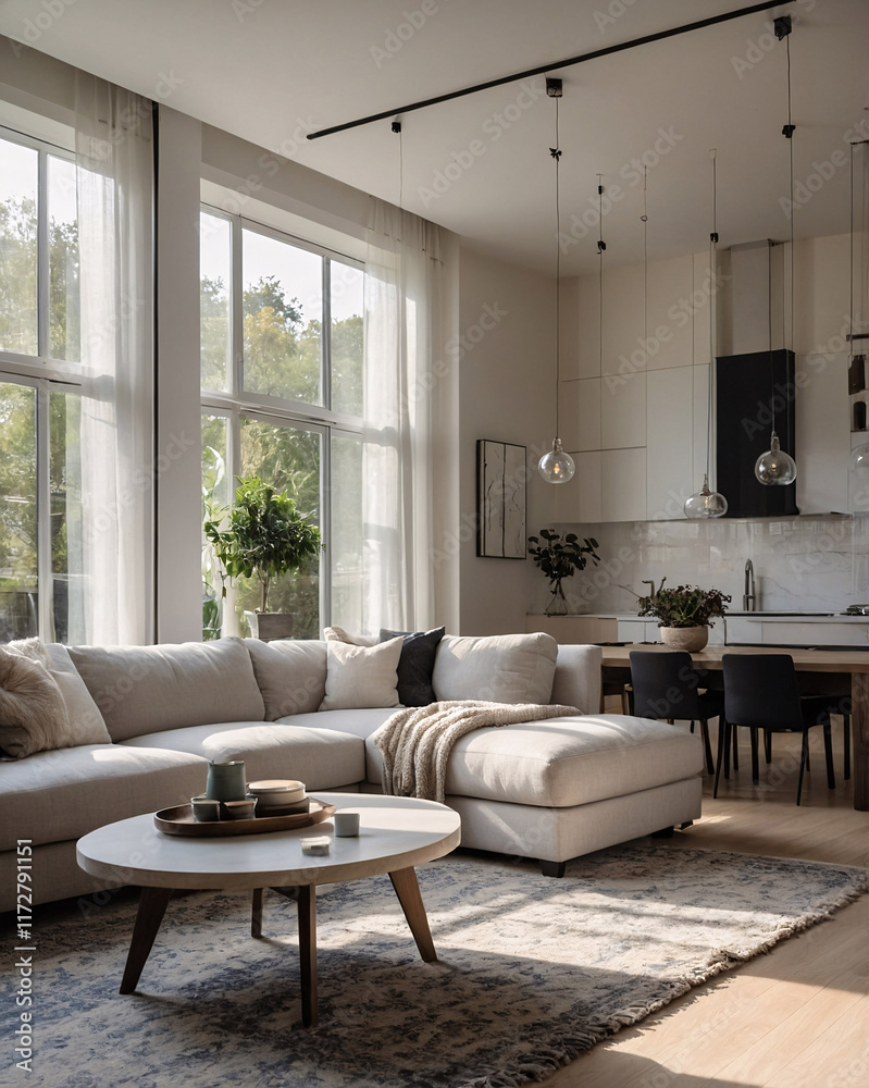 Fototapeta premium Cozy traditional design with large windows soft neutral couch and a rug under the furniture