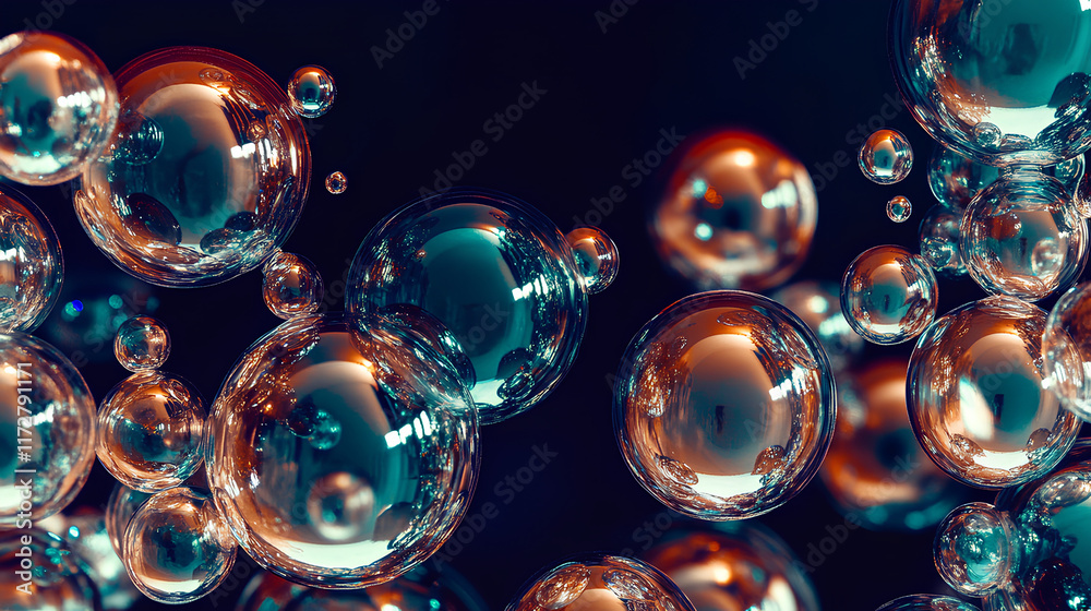 Naklejka premium Floating bubbles reflecting light in a dark background create an enchanting visual effect