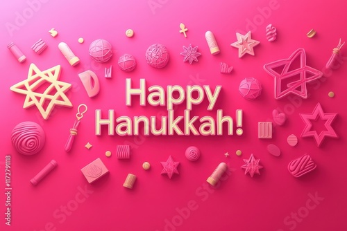 Brightly colored symbols and decorations related to Hanukkah are arranged on a pink background, conveying a joyful celebration. The words Happy Hanukkah! stand out prominently in the center. photo