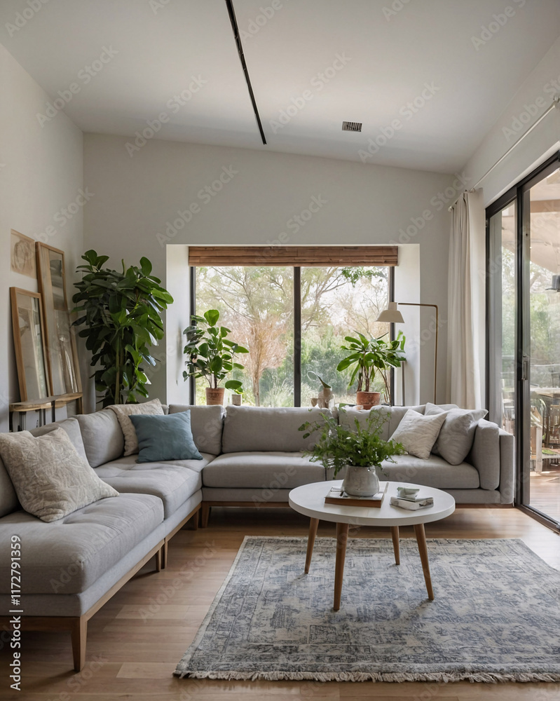 Naklejka premium Cozy traditional living room design with neutral tones large windows and a rug beneath the furniture for a comfortable vibe