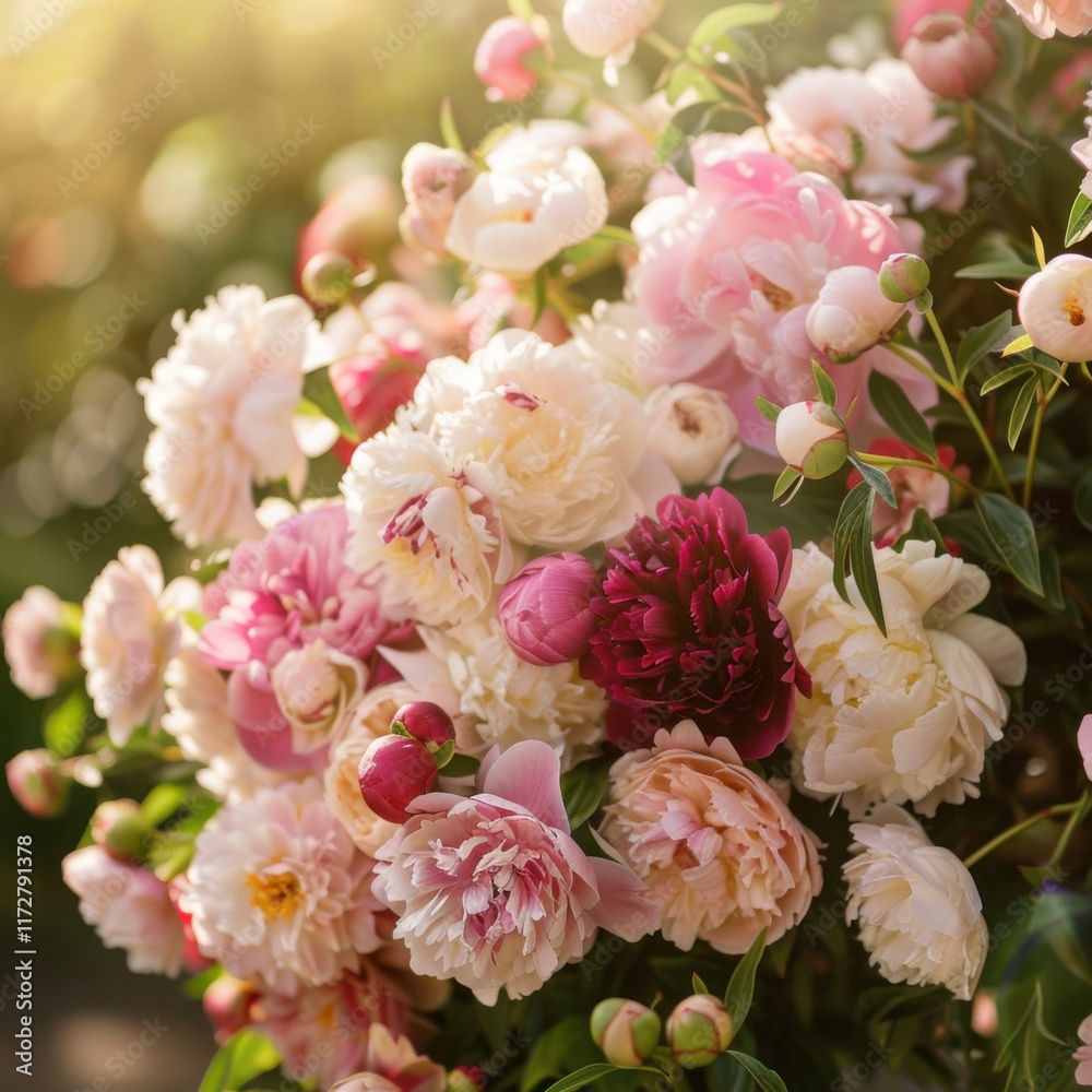 Stunning Bouquet of Blooming Peonies in Vibrant Pink and White Hues, Basking in Golden Sunlight Stunning Bouquet of Blooming Peonies in Vibrant Pink and White Hues, Basking in Golden Sunlight