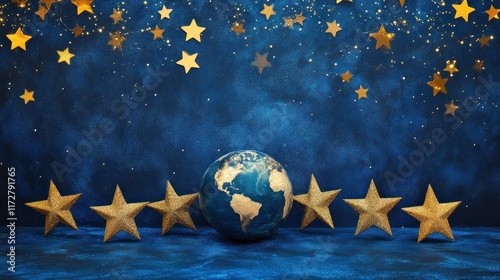 Earth globe surrounded by golden stars on a dark blue background.