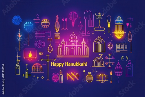 Bright neon symbols representing Hanukkah fill the background with rich colors. The artwork features traditional elements, creating a vibrant display of celebration and culture during the holiday. photo