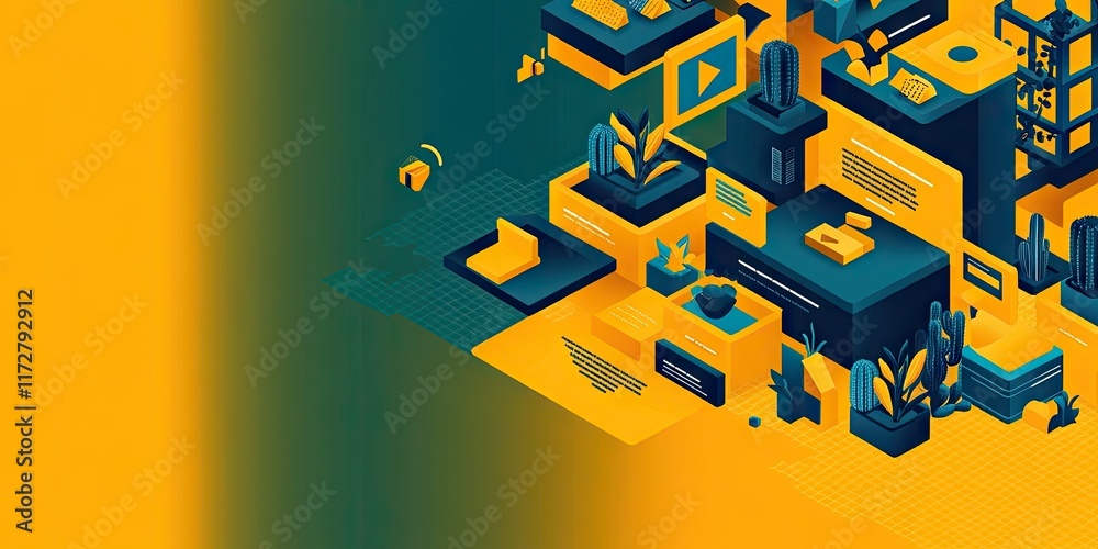 Fototapeta premium Abstract geometric illustration with vibrant colors and plant motifs, suggesting digital creativity.
