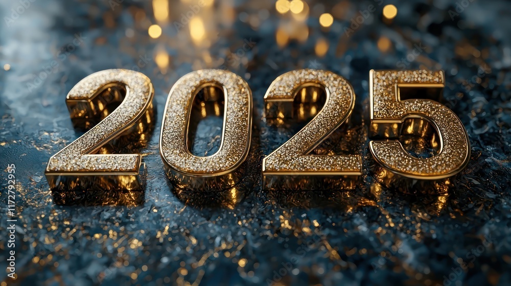 Glittering 2025 numbers on a reflective surface. Glittering 2025 numbers on a reflective surface.