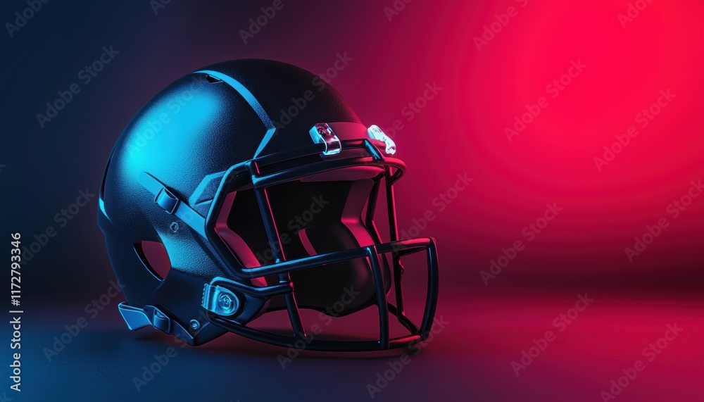 Fototapeta premium Black Football Helmet with Blue and Red Lighting on Dark Background