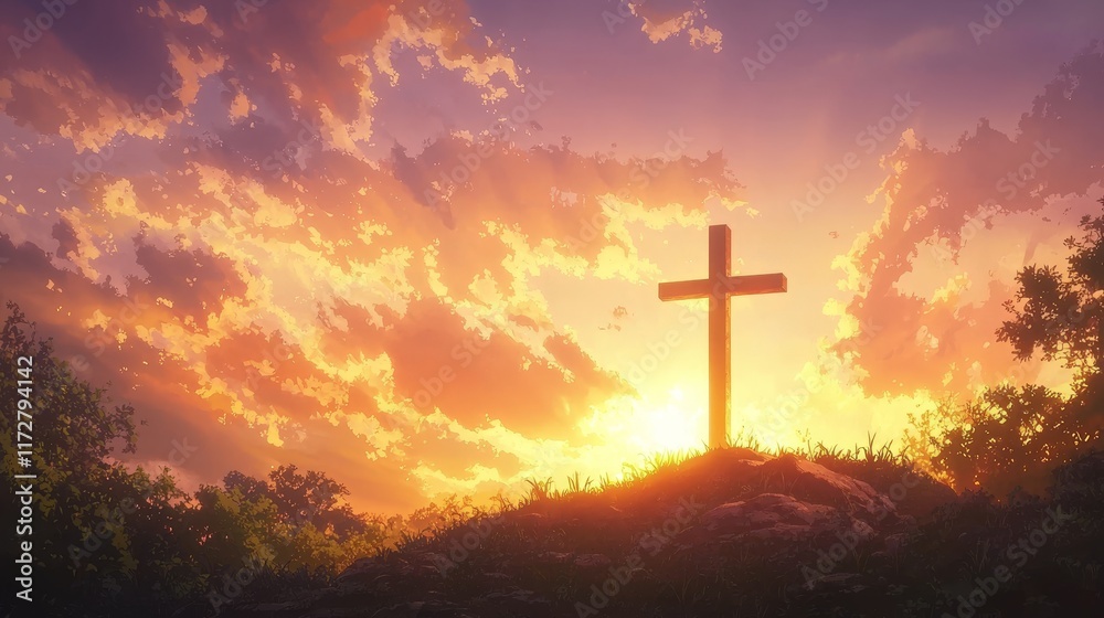 Majestic Cross Standing on a Hilltop with Radiant Sunrise and Vibrant Sky Majestic Cross Standing on a Hilltop with Radiant Sunrise and Vibrant Sky