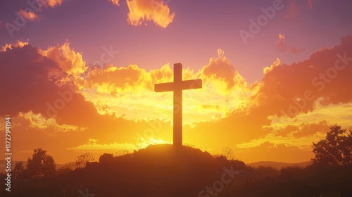 Majestic Cross Standing on a Hilltop with Radiant Sunrise and Vibrant Sky