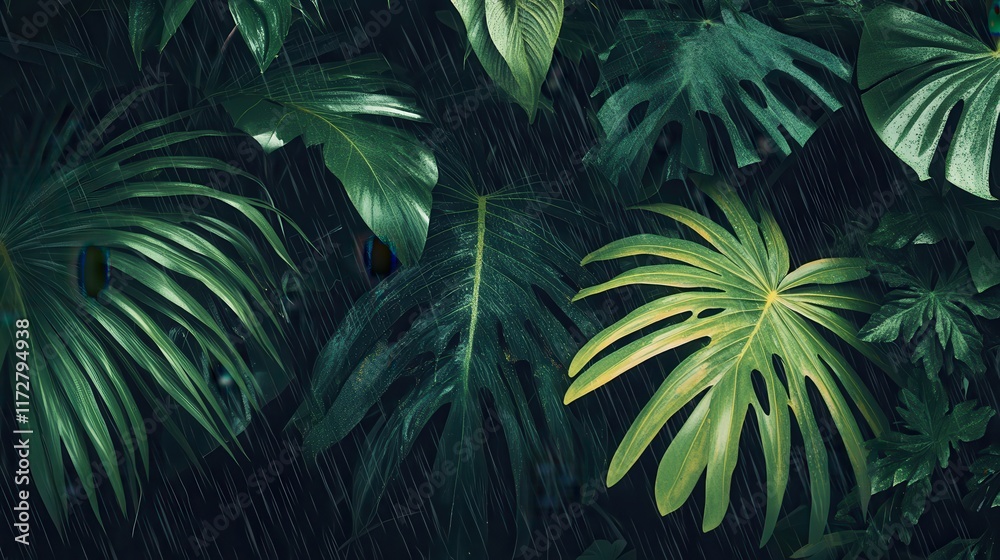Fototapeta premium Lush green leaves glisten with raindrops in a tropical rainforest setting during a refreshing rain shower