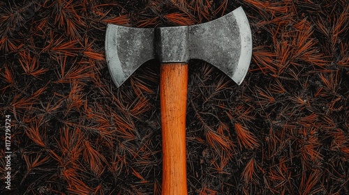 Weathered double-bit axe with wooden handle rests on pine needles. photo