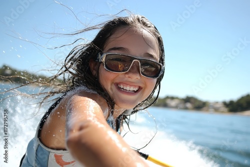 Young girl enjoys thrilling experience on watercraft on a sunny day by the coast