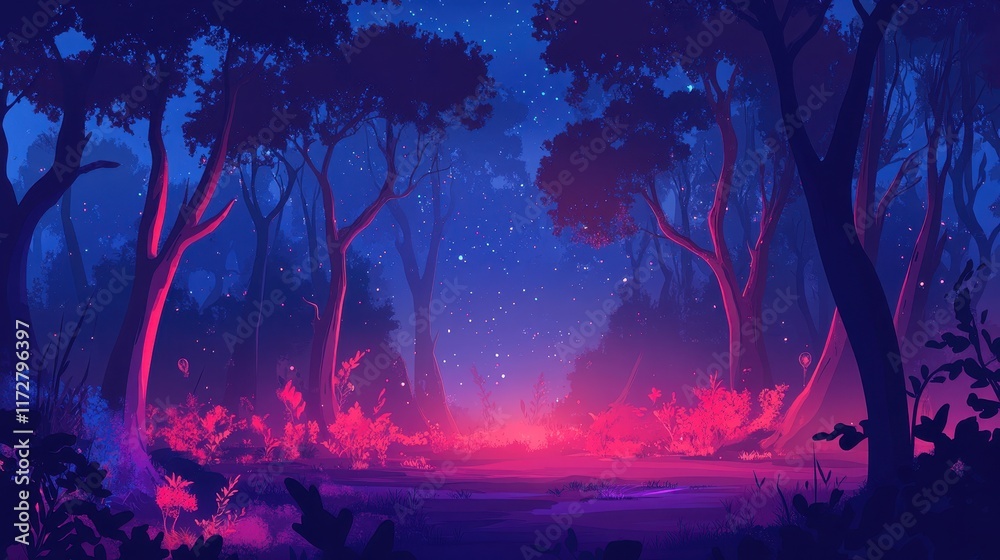 Fototapeta premium Vibrant enchanted forest illuminated by ethereal lights during a calm evening