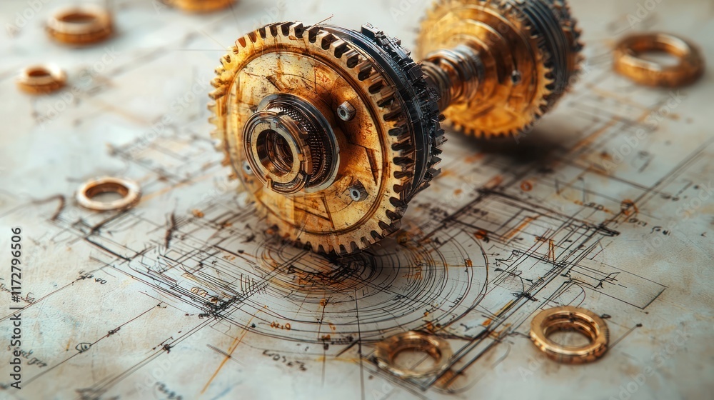 Fototapeta premium Vintage gears on engineering blueprints.