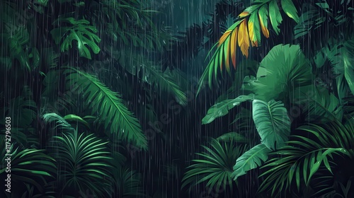 Lush tropical rainforest drenched in rain with vibrant foliage and dim light filtering through the trees