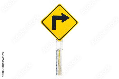 Warning traffic sign yellow right turn sign on concrete pole isolated on cut out PNG or transparent background. Rules for road users. Its traffic sign. Bold black symbol arrow.