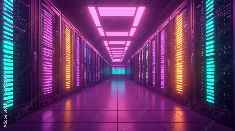 Colorful Server Room with Neon Lights and Modern Technology Colorful Server Room with Neon Lights and Modern Technology