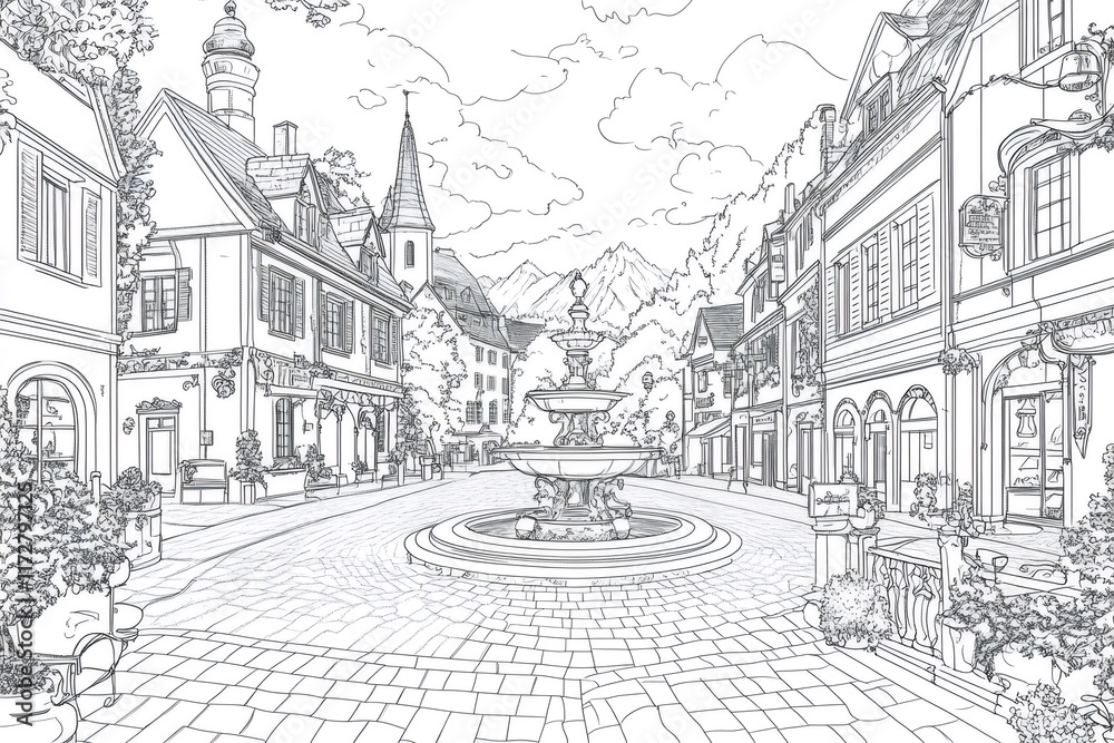 Obraz premium Intricate line art depicts a picturesque european town square, featuring a central fountain, cobblestone streets, and charming buildings, ready for coloring