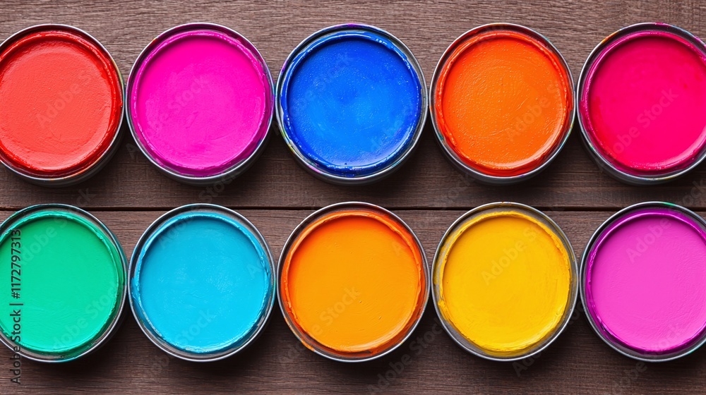 Top view of ten colorful paint cans on wooden surface. Top view of ten colorful paint cans on wooden surface.