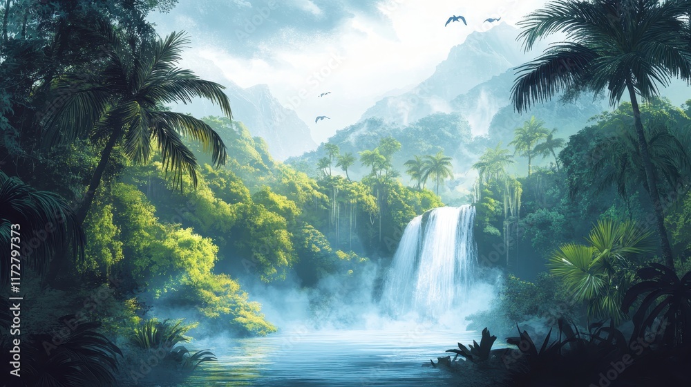 Lush tropical landscape with palm trees and misty mountains at dawn in a serene environment