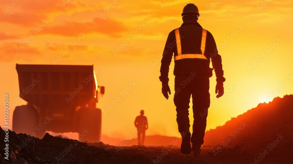 Fototapeta premium Worker Silhouette Against Sunset at Construction Site with Equipment
