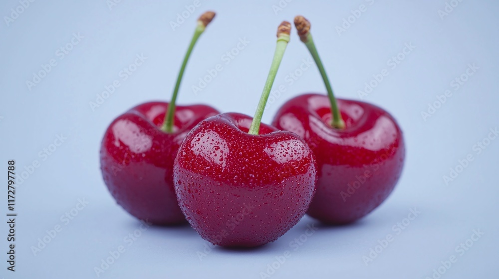 Three ripe, red cherries with stems and water droplets on a light blue background. Three ripe, red cherries with stems and water droplets on a light blue background.