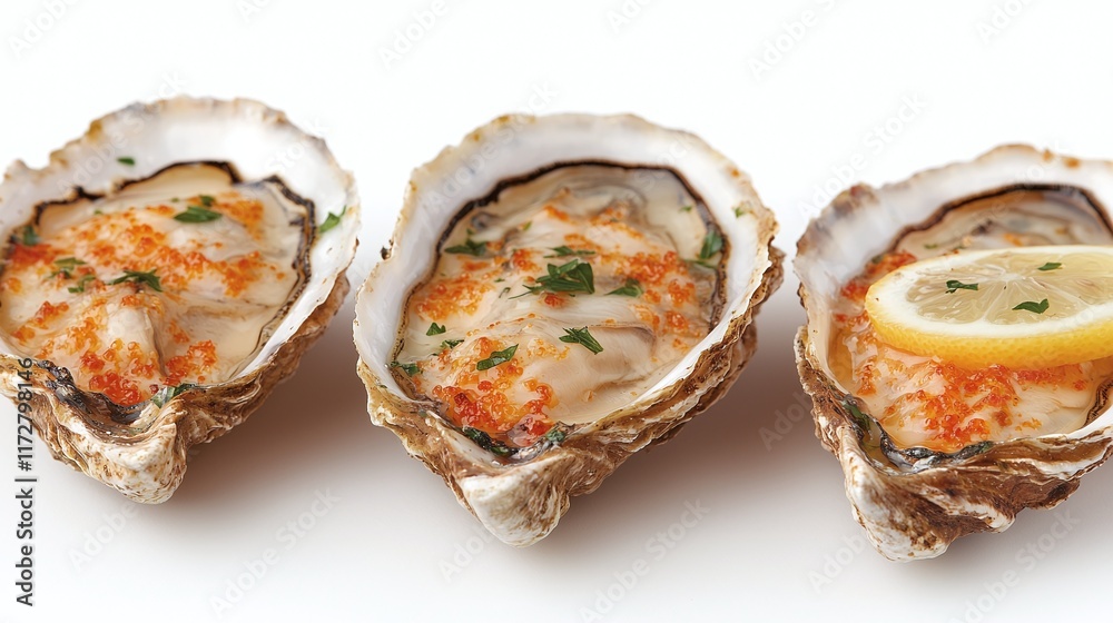 Three fresh oysters on the half shell, garnished with lemon and herbs. Three fresh oysters on the half shell, garnished with lemon and herbs.