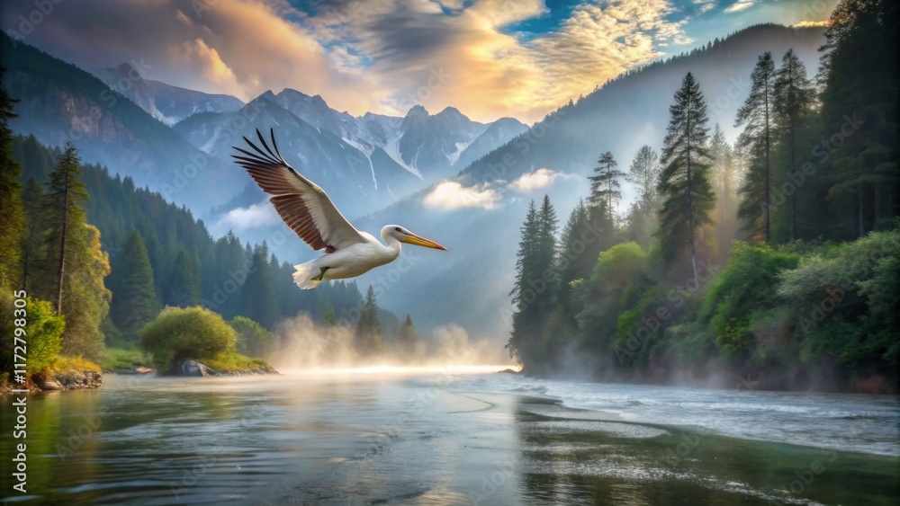 Serene River Landscape with Flying Pelican Serene River Landscape with Flying Pelican