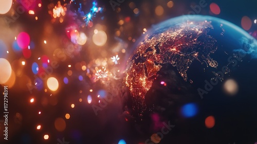 Earth at night with colorful fireworks celebrating a new year or special occasion.