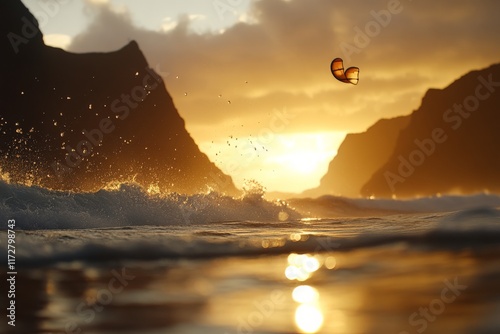 Sunset kitesurfing on ocean waves near rocky cliffs creates stunning visual spectacle