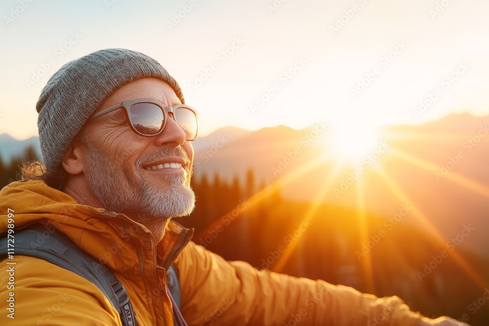 Smiling senior man enjoying sunrise in mountainous landscape during morning hike in nature Smiling senior man enjoying sunrise in mountainous landscape during morning hike in nature