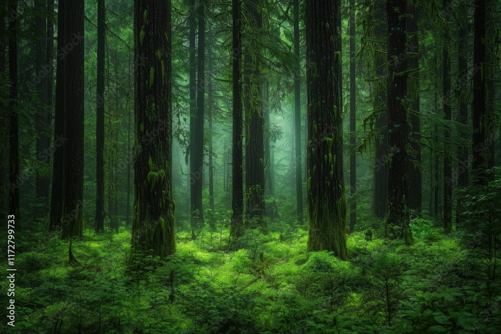 Tranquil Dense Forest with Lush Greenery and Soft Ambient Light Tranquil Dense Forest with Lush Greenery and Soft Ambient Light