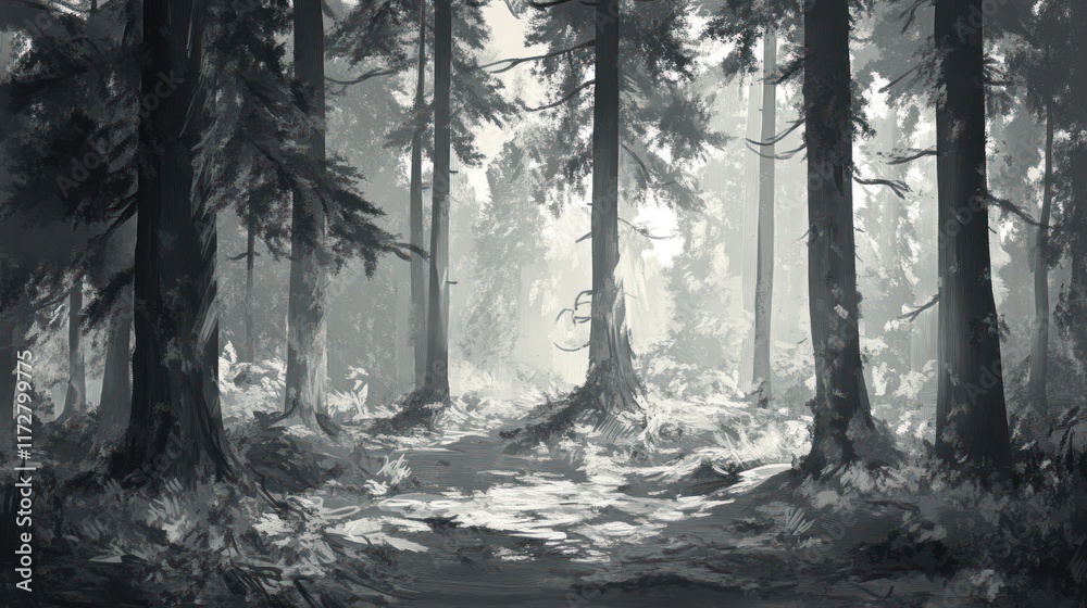 Naklejka premium Monochromatic Forest Path Through Tall Trees