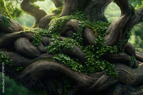 Close up of vibrant green moss thriving on the thick, intertwined roots of an ancient tree, creating a captivating display of nature's artistry photo