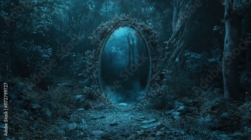 Mysterious enchanted mirror in a dark forest surrounded by dense foliage and mist