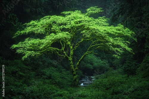 Lush Green Tree Against Foggy Forest Landscape in Nature Setting