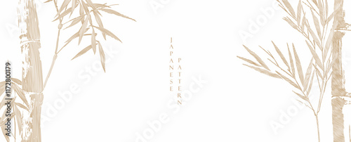 Hand drawn bamboo branch on white background decorations in vintage style. Art abstract leaves template design.