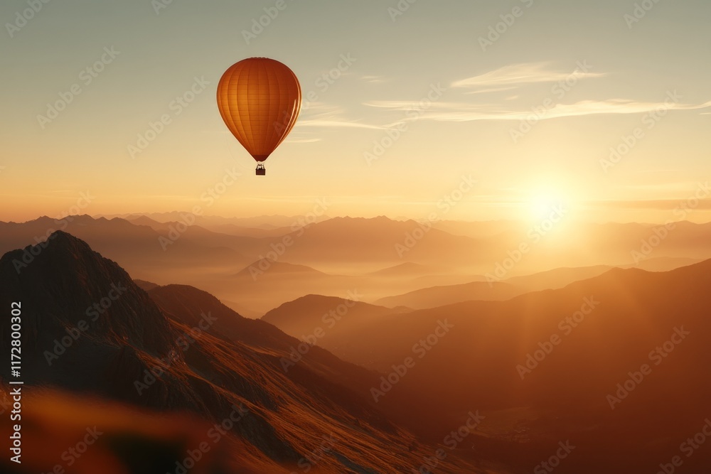 Hot air balloon glides over mountains at sunrise with warm colors illuminating the landscape Hot air balloon glides over mountains at sunrise with warm colors illuminating the landscape