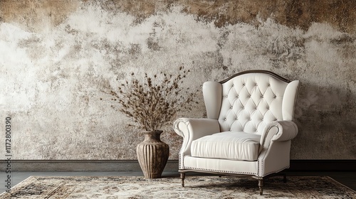 Elegant white armchair beside a decorative vase and textured wall. photo