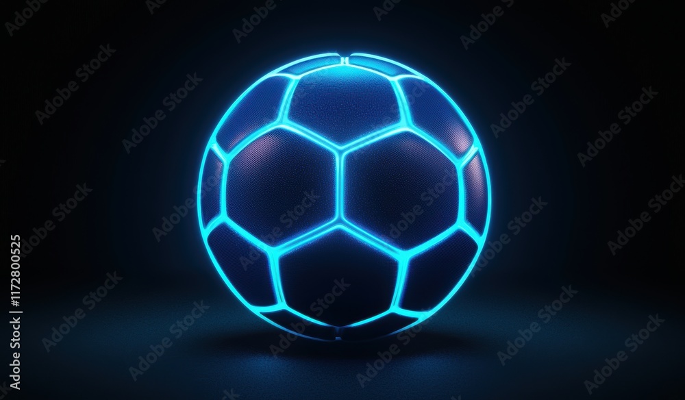 Obraz premium Neon Blue Soccer Ball with Hexagonal Patterns on Dark Background