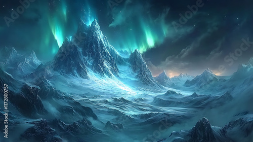 A breathtaking aurora glowing over snow-covered mountains in a mystical fantasy scene 