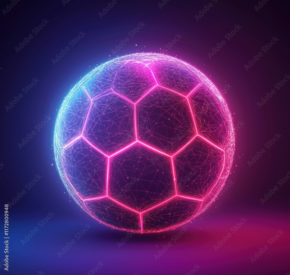 Naklejka premium Futuristic Digital Soccer Ball with Neon Glow and Geometric Pattern