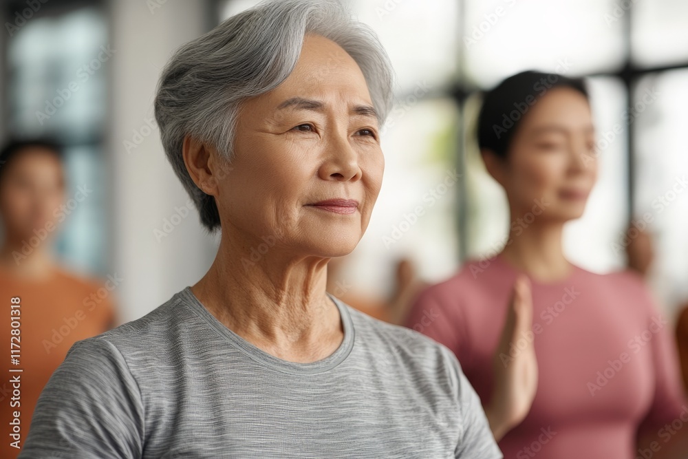 Fototapeta premium Elderly woman practicing yoga in a spacious wellness center during a group class for relaxation and mindfulness