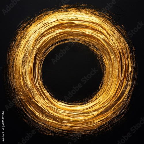 Abstract Gold Circle on Black Background with Artistic Brush Strokes