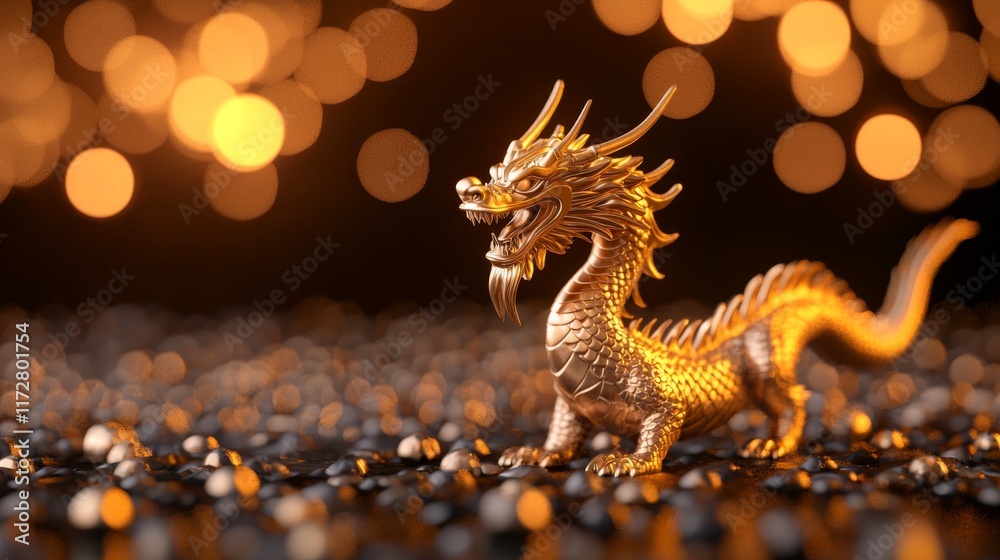 Fototapeta premium Chinese New Year holiday symbolism. A golden dragon figurine stands prominently against a backdrop of shimmering bokeh lights, exuding a mystical and enchanting atmosphere.