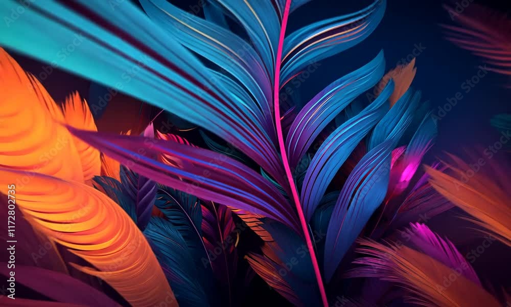 Neon background with tropical glowing leaves. Background texture palm colorful leaves.