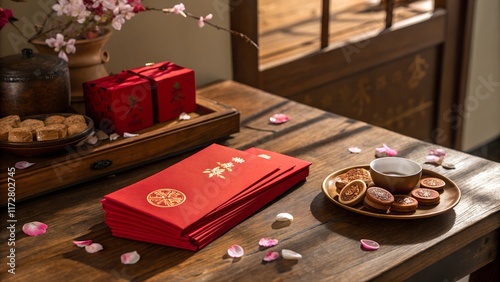 A serene shot of red envelopes (hongbao) neatly stacked on a traditional wooden table, ready for gifting during Chinese New Year. The envelopes are decorated with gold symbols, surrounded by scattered photo