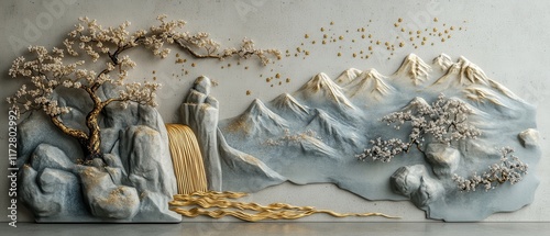 Intricate wall art depicting a serene waterfall surrounded by mountains and trees in a fine golden relief