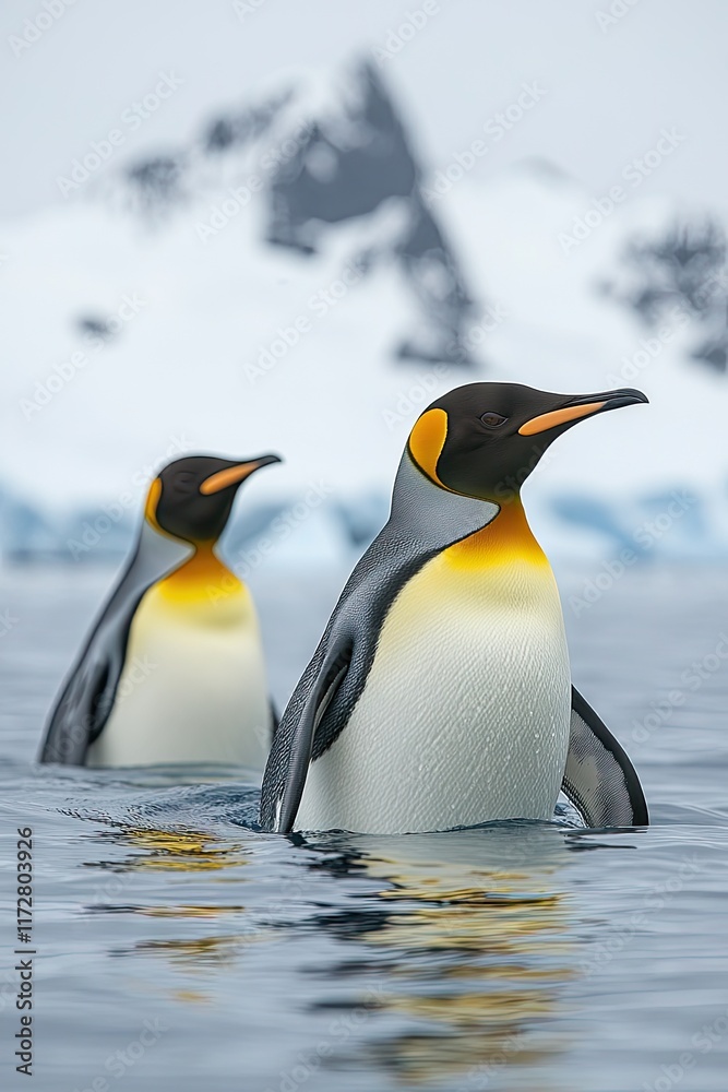 Fototapeta premium Two emperor penguins swimming in icy waters with snow-capped mountains in the background.