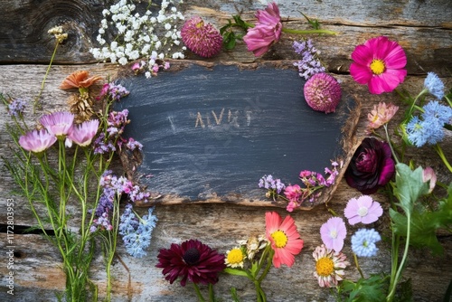 Alles Liebe zum Muttertag - Schiefertafel und Blumen auf rustikalem Holz photo